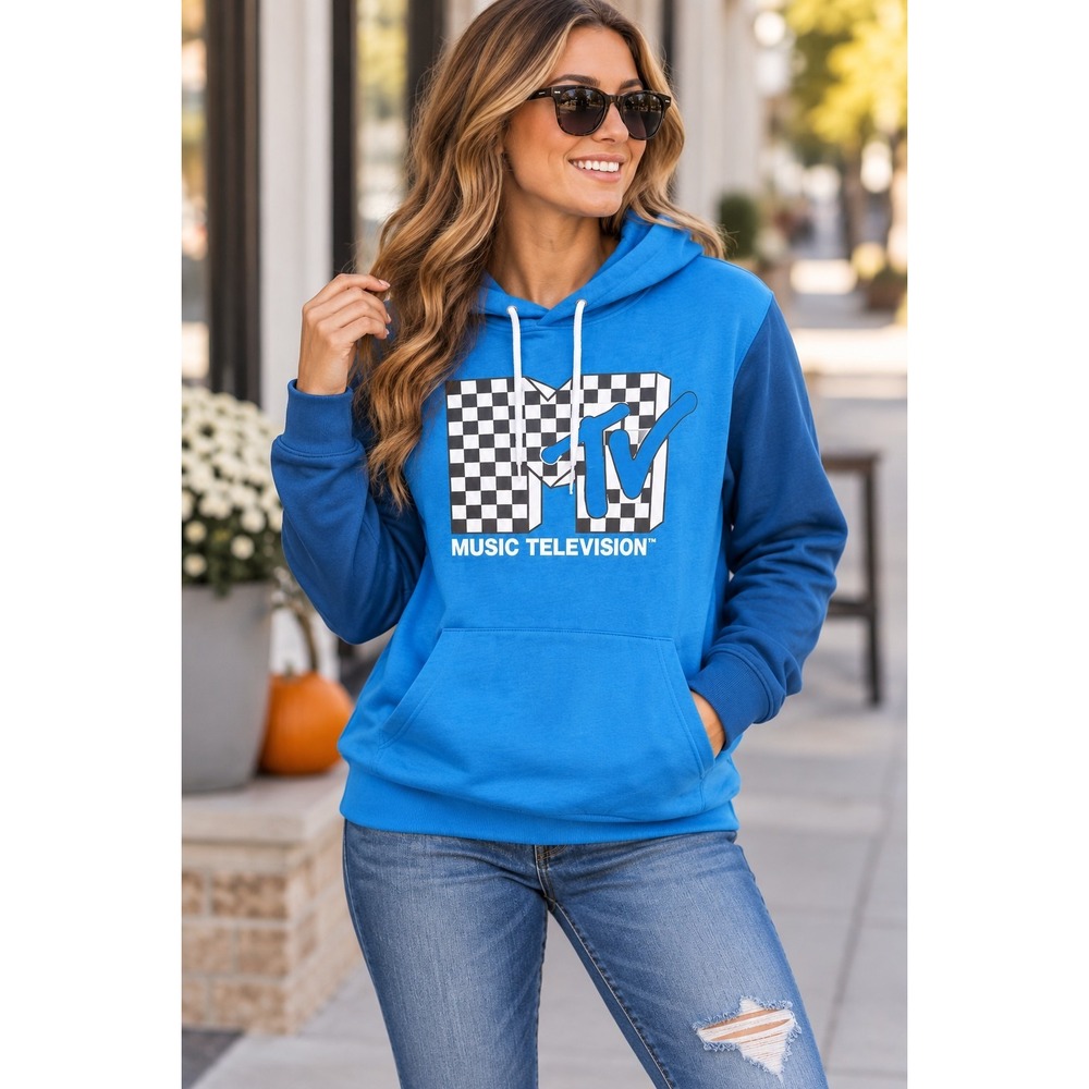 MTV Retro Logo Blue Fleece Hoodie Pullover Sweatshirt Size Medium Y2K Cozy Layer